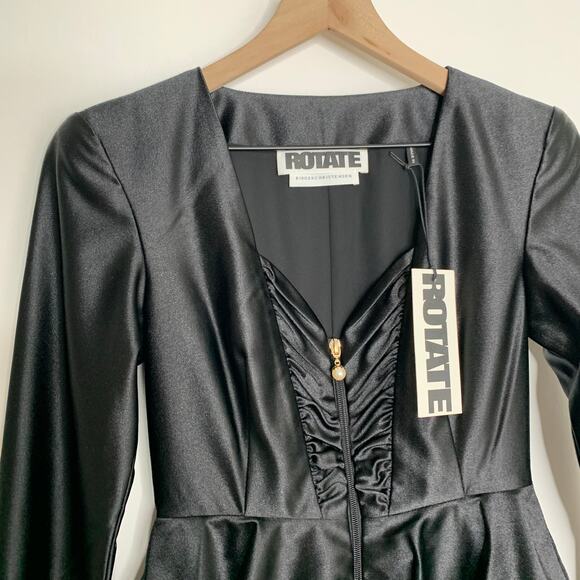 Rotate Annie Frill Trim Satin Black Mini Dress Womens New US 2 - Picture 9 of 16